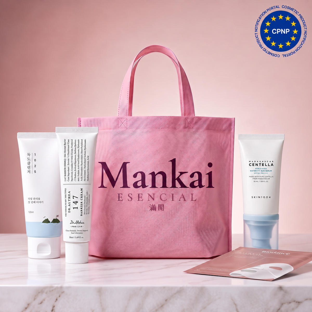 Bolsa Rutina Calma Esencial de Mankai Beauty con cuatro productos coreanos para piel sensible